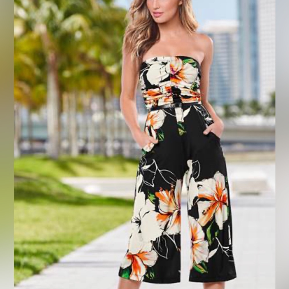 Venus flower multi color black colotte jumpsuit with pocket and belt size medium